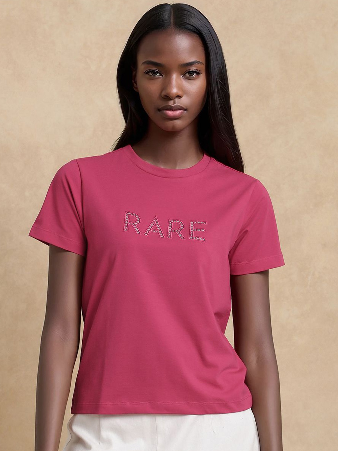 

RAREISM Women Solid Round Neck Cotton T-shirt, Pink