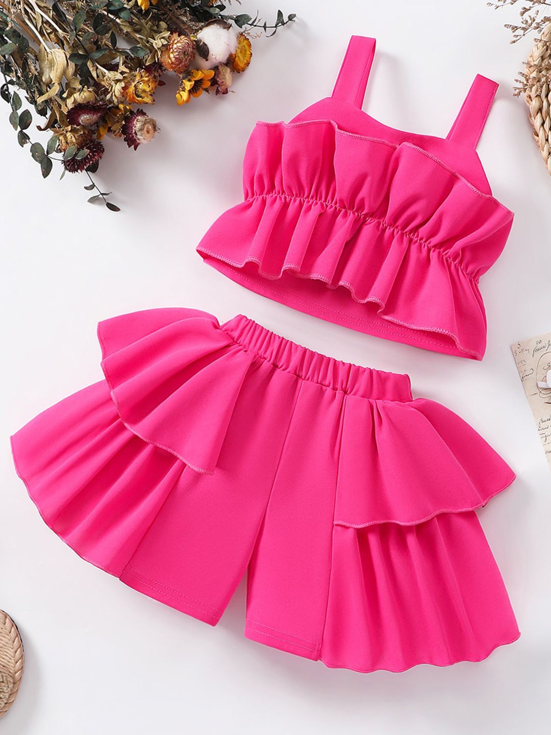 

INCLUD Girls Square Neck Top With Shorts, Fuchsia