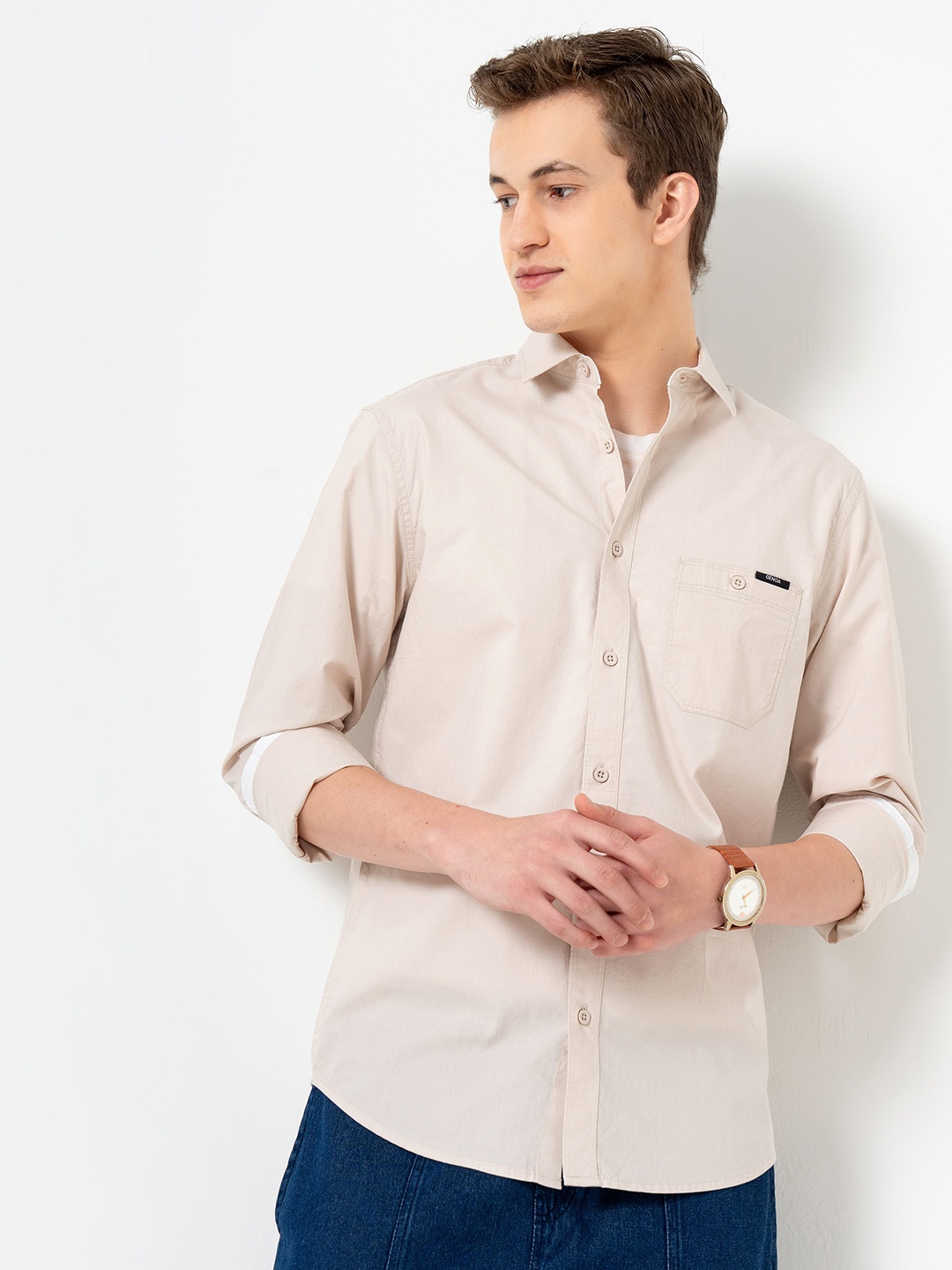

Genoa Men Classic Slim Fit Opaque Casual Shirt, Beige