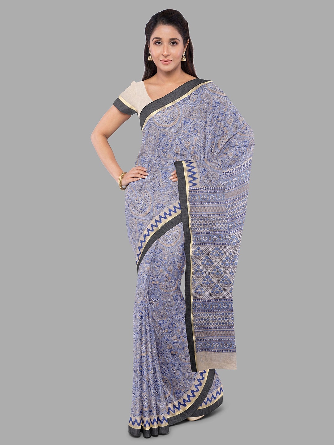 

The Chennai Silks Paisley Printed Pure Cotton Chanderi Saree, Blue