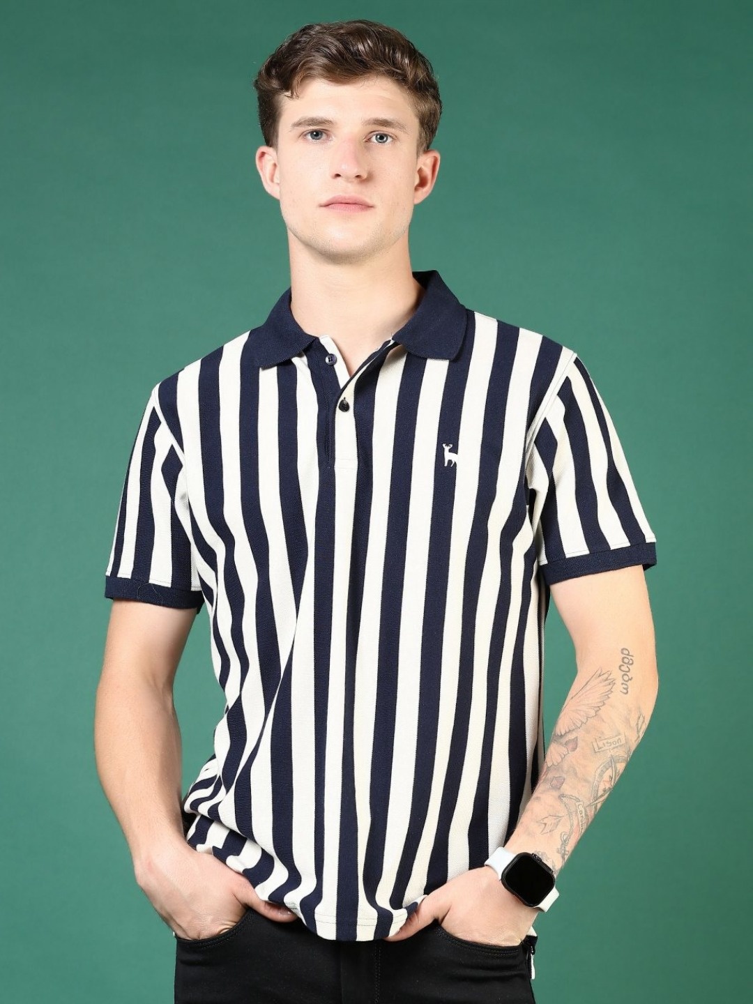 

V-Mart Men Striped Polo Collar Cotton T-shirt, Navy blue