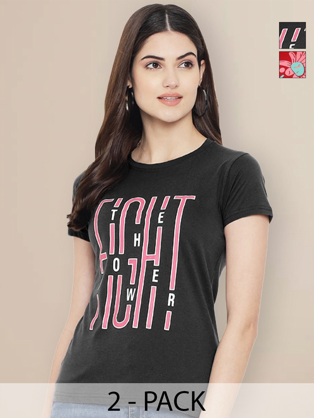 

GLOBAL NOMAD Women Pack of 2 Typography Printed Round Neck Cotton T-shirts, Charcoal