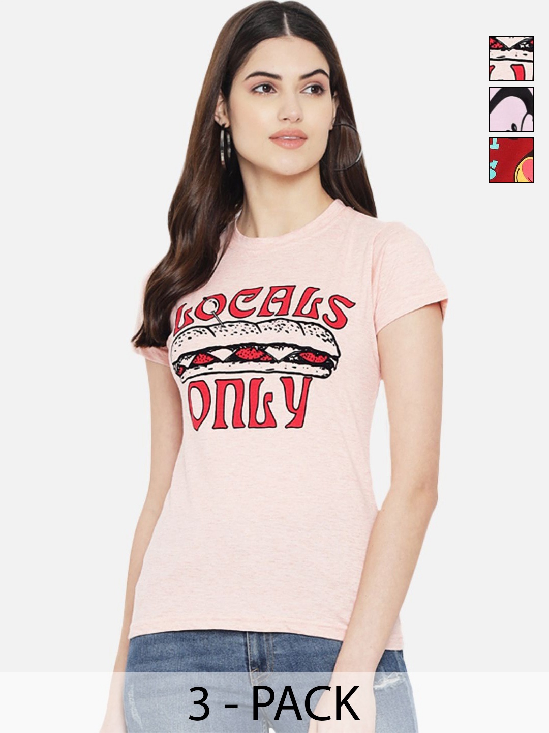 

Dreambe Women Pack of 3 Graphic Printed Round Neck Cotton T-shirts, Red