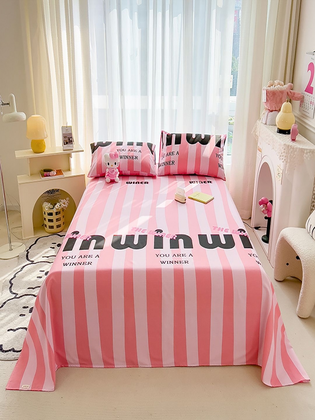 

JC HOME Pink & White Typography Printed Polycotton 140 TC King Bedsheet Set 2.45 m x 2.5 m