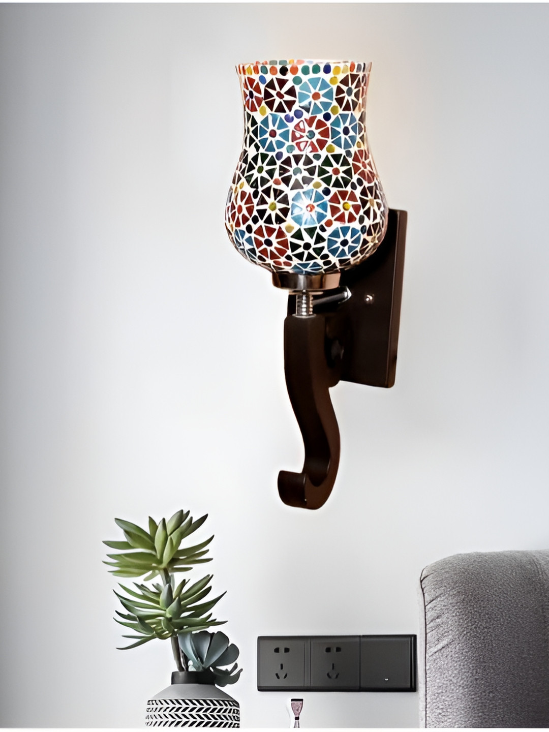 

KINIS Brown & Red Printed Wood Quirky Cylinder Shaped Wall Lamp