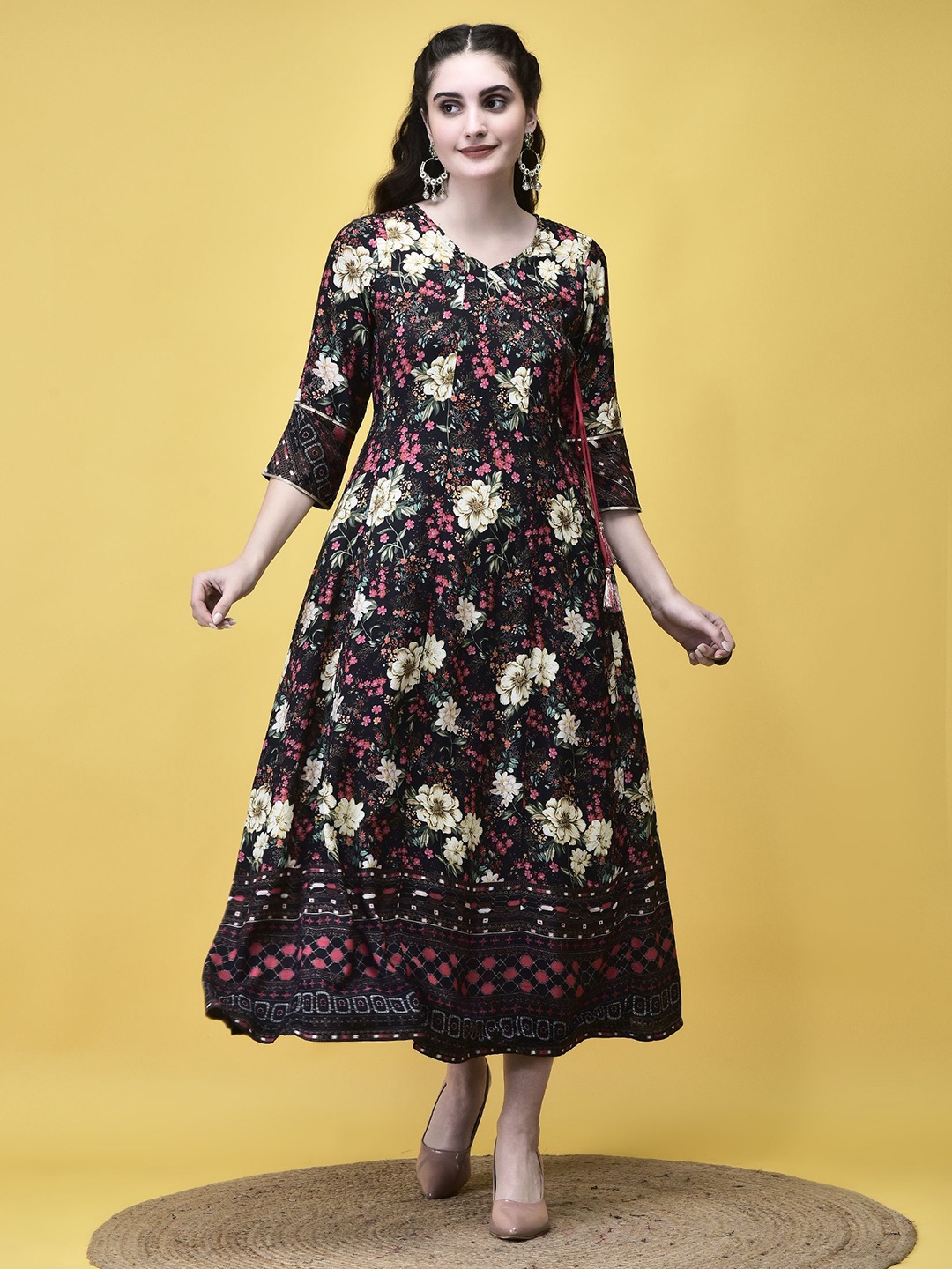 

Shree Floral Print Liva Fit & Flare Midi Dress, Black