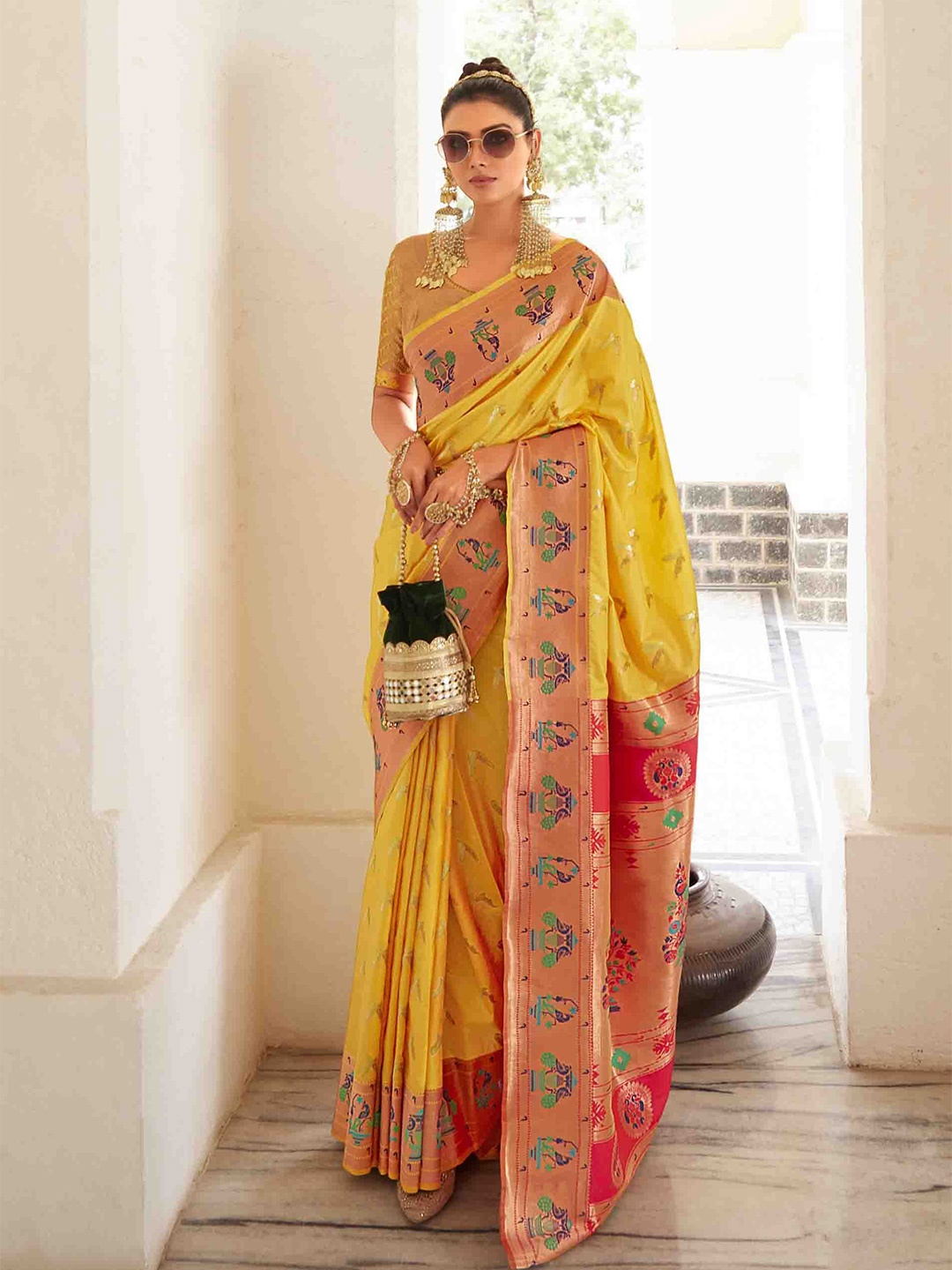 

KIMISHA Woven Design Zari Pure Georgette Paithani Saree, Yellow