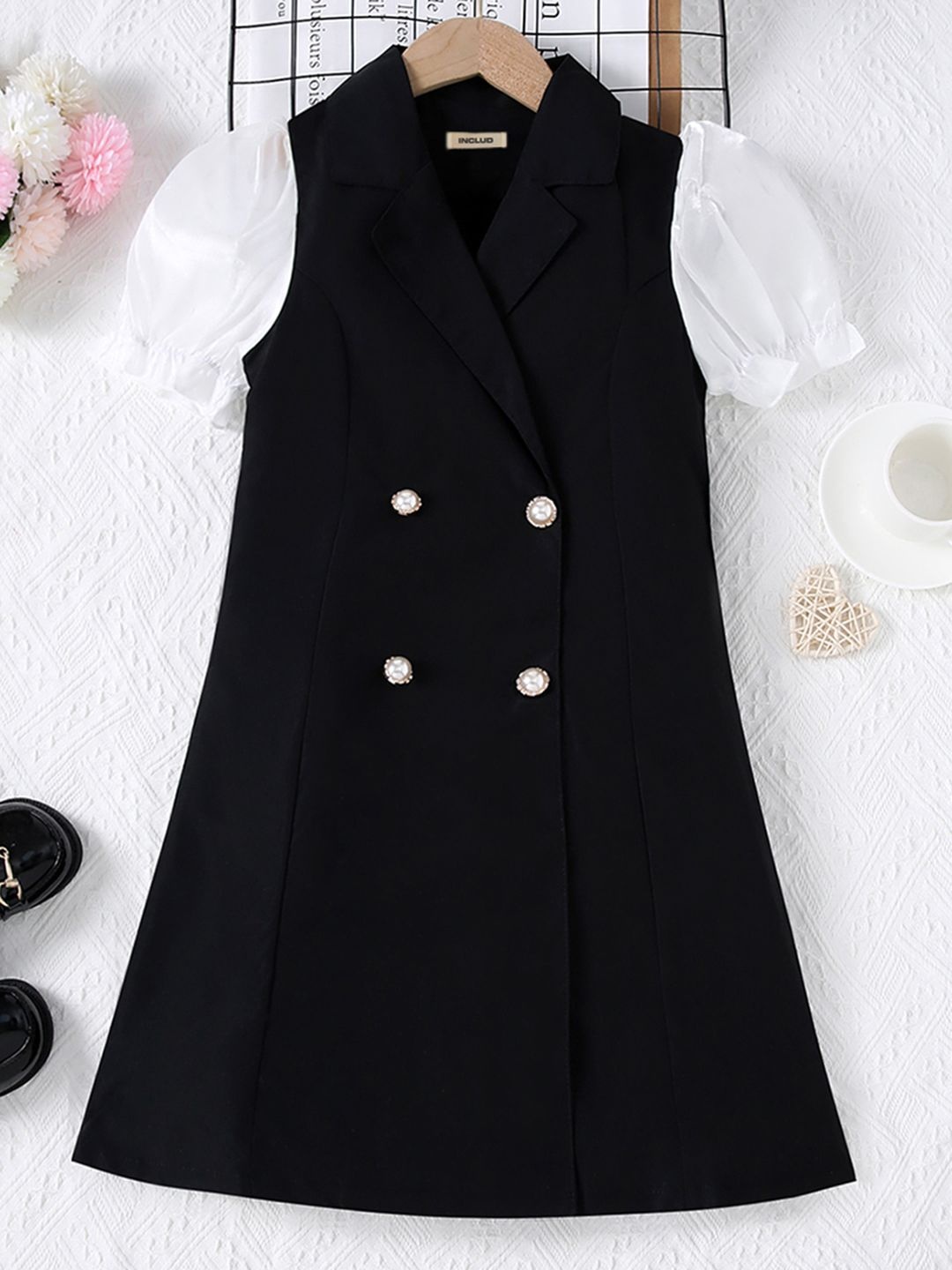 

INCLUD Puff Sleeve Fit & Flare Dress, Black