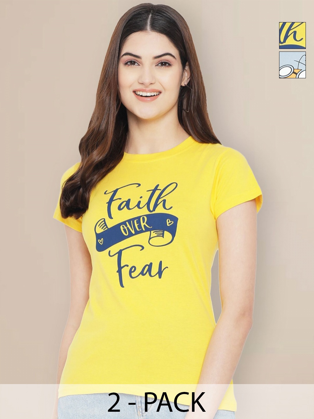 

GLOBAL NOMAD Women Pack of 2 Tom & Jerry Typography Printed Round Neck Cotton T-shirts, Mustard