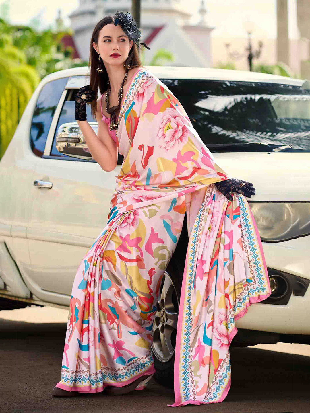 

Blissta Floral Printed Satin Saree, Pink