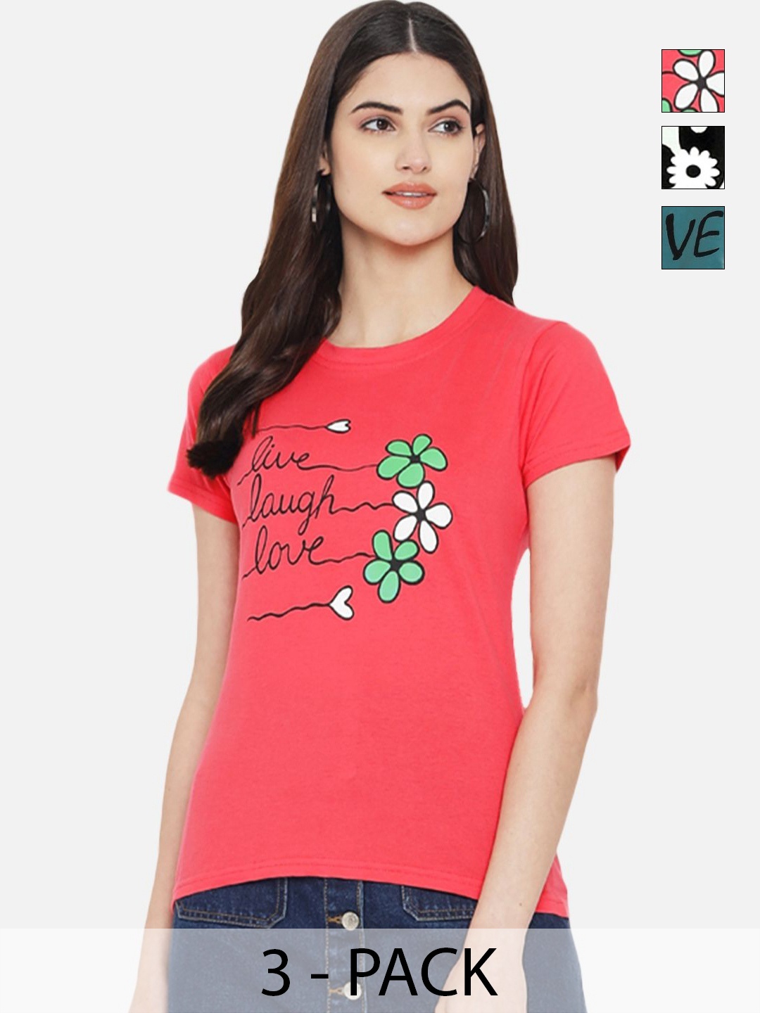 

Dreambe Women Pack of 3 Typography Printed Round Neck Cotton T-shirts, Pink