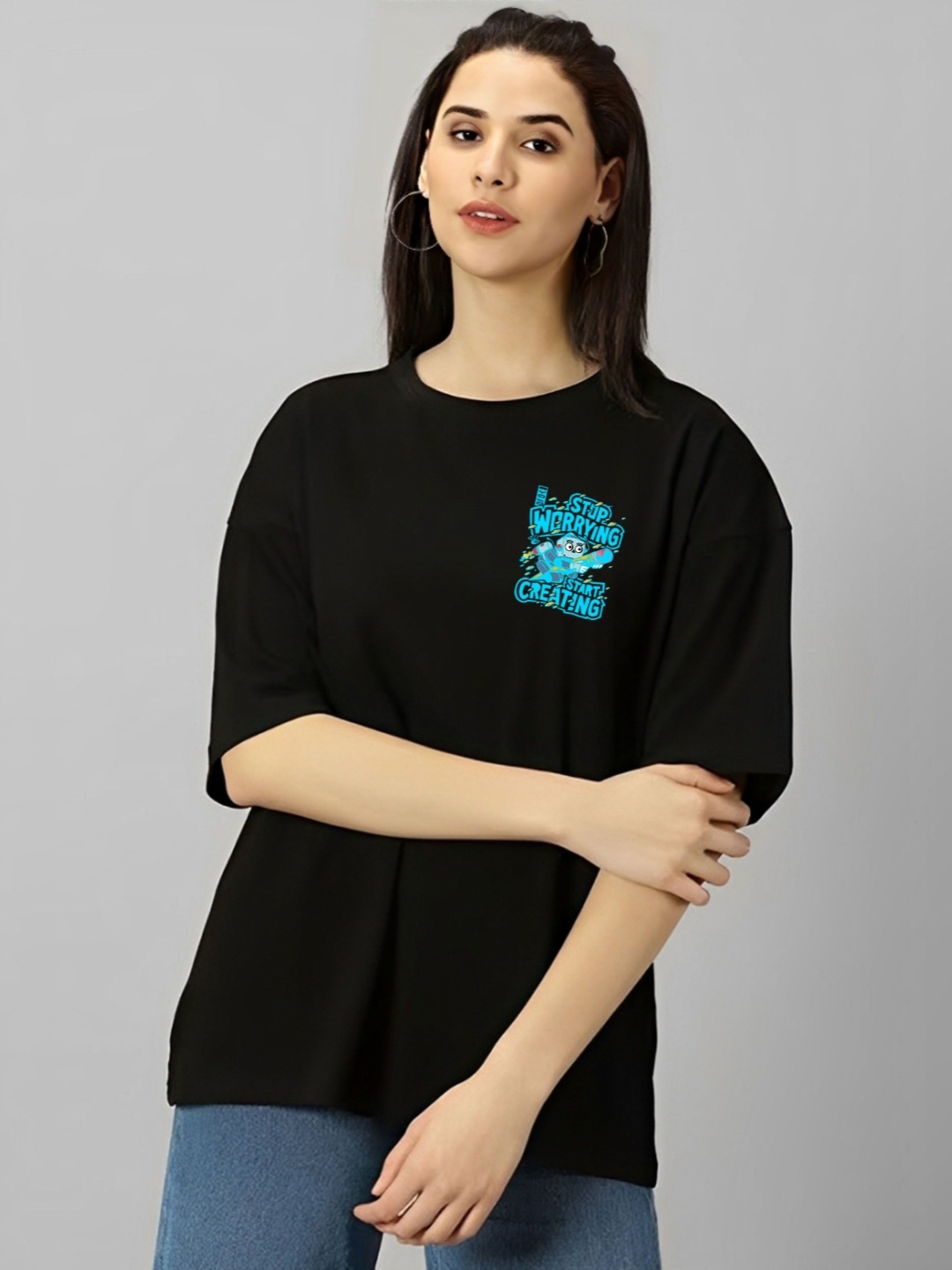 

LECOWAR Women Graphic Printed Round Neck Cotton Oversized T-shirt, Black