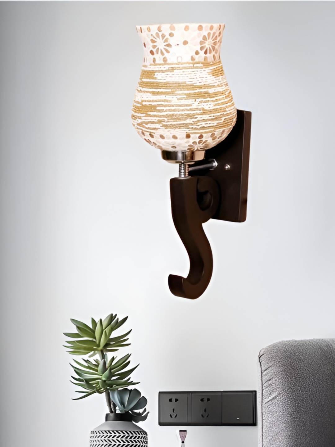 

KINIS Brown & White Abstract Printed Wooden Quirky Bell Shaped Wall Lamp