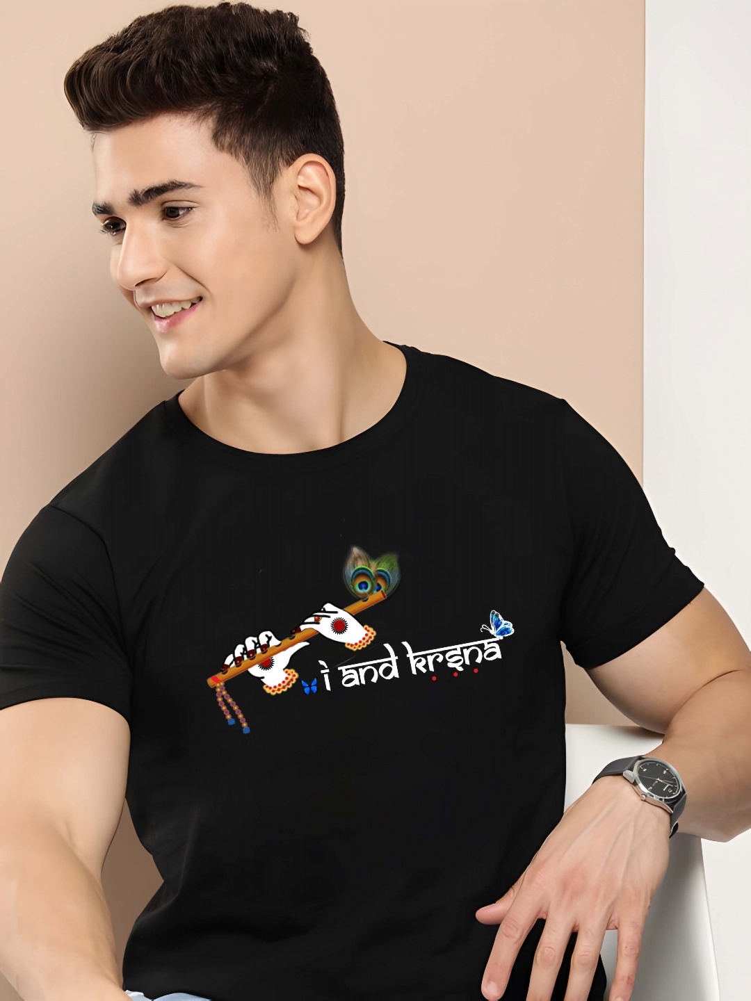 

THE BEETEL HOUSE Graphic Printed Half Sleeves Round Neck Pure Cotton T-shirt, Black