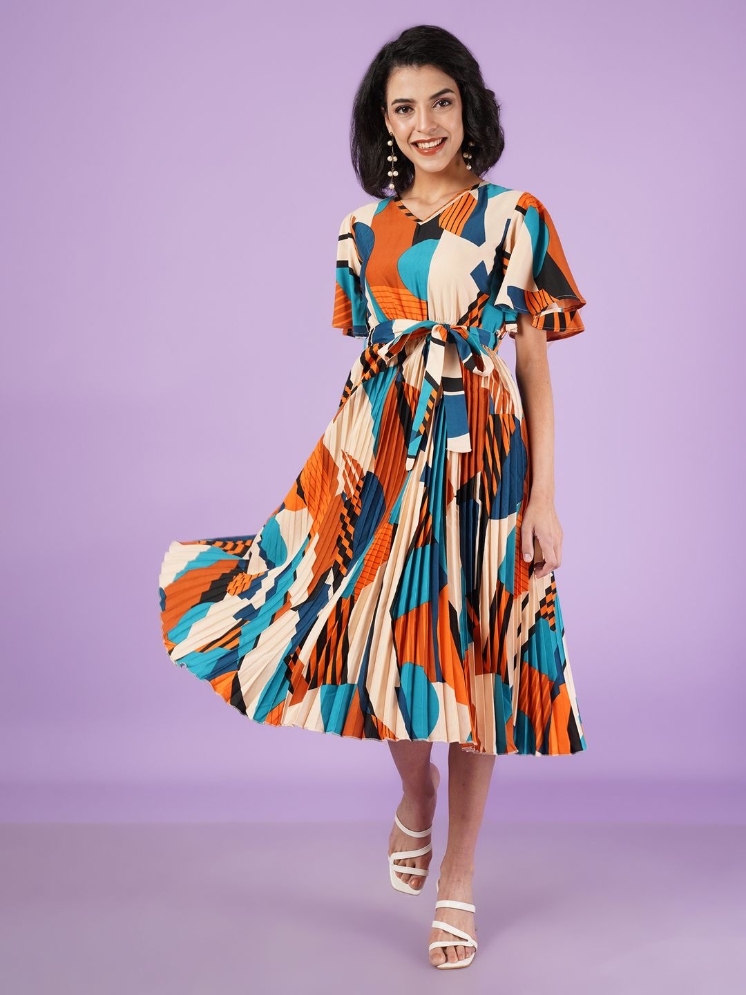 

OTABU Women Print A-Line Midi Dress, Orange