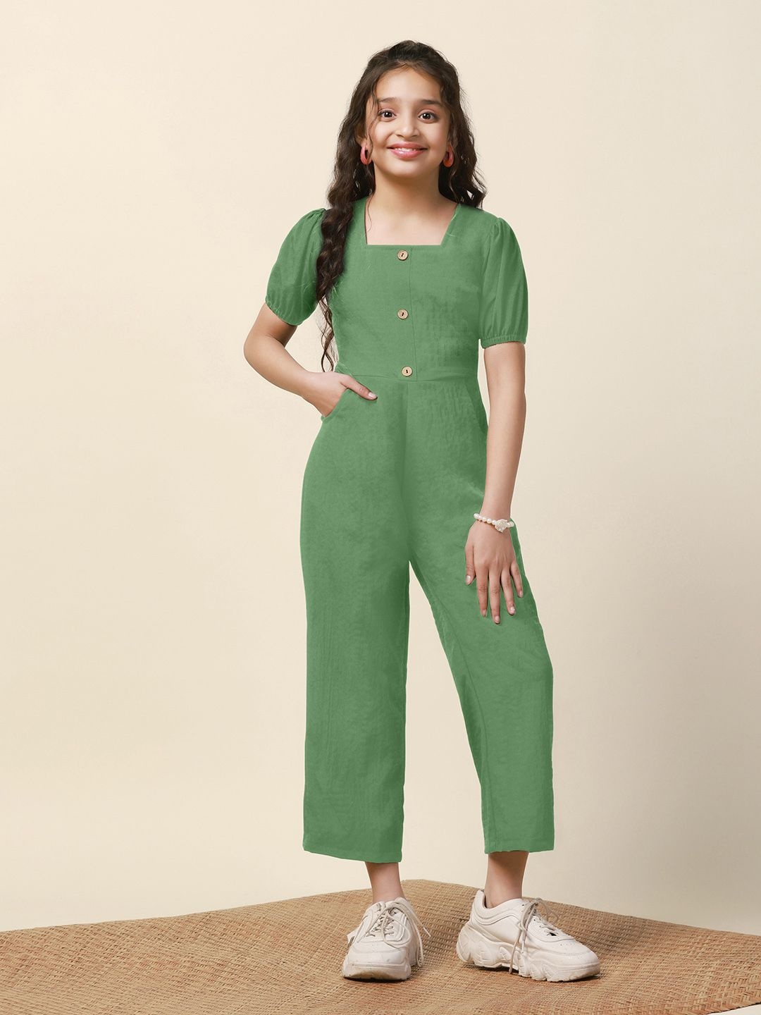 

YK Girls Square Neck Basic Jumpsuit, Green