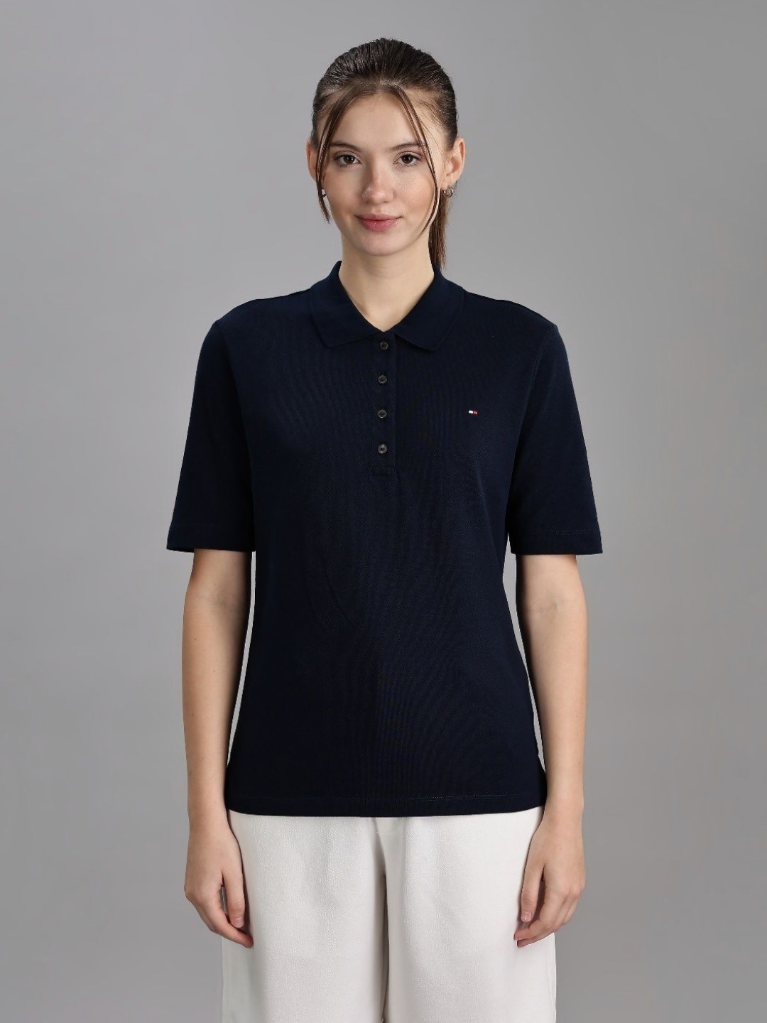 

Tommy Hilfiger Women Solid Polo Collar Cotton T-shirt, Navy blue