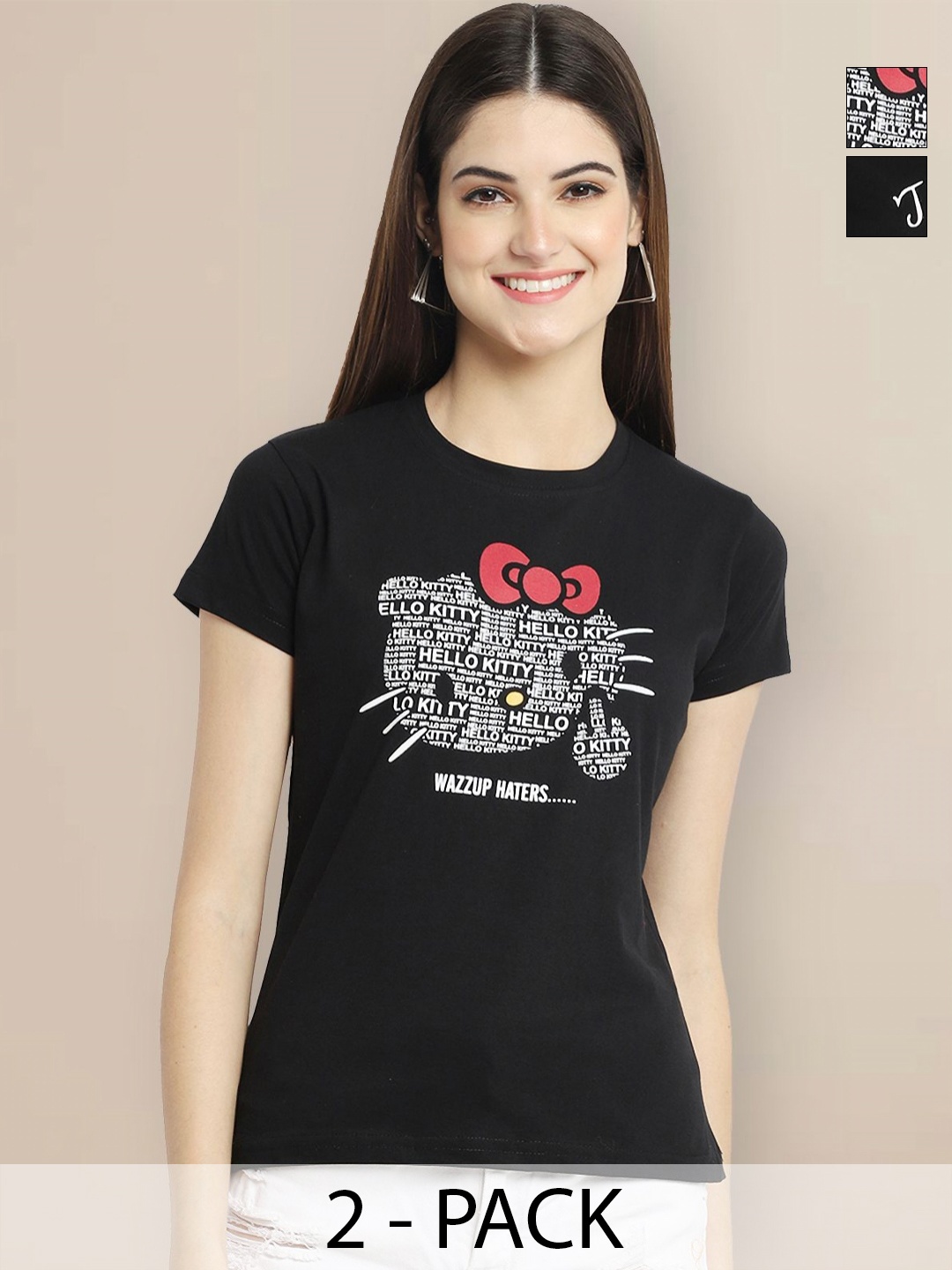 

GLOBAL NOMAD Pack Of 2 Typography Printed Round Neck Short Sleeves Cotton T-shirt, Black