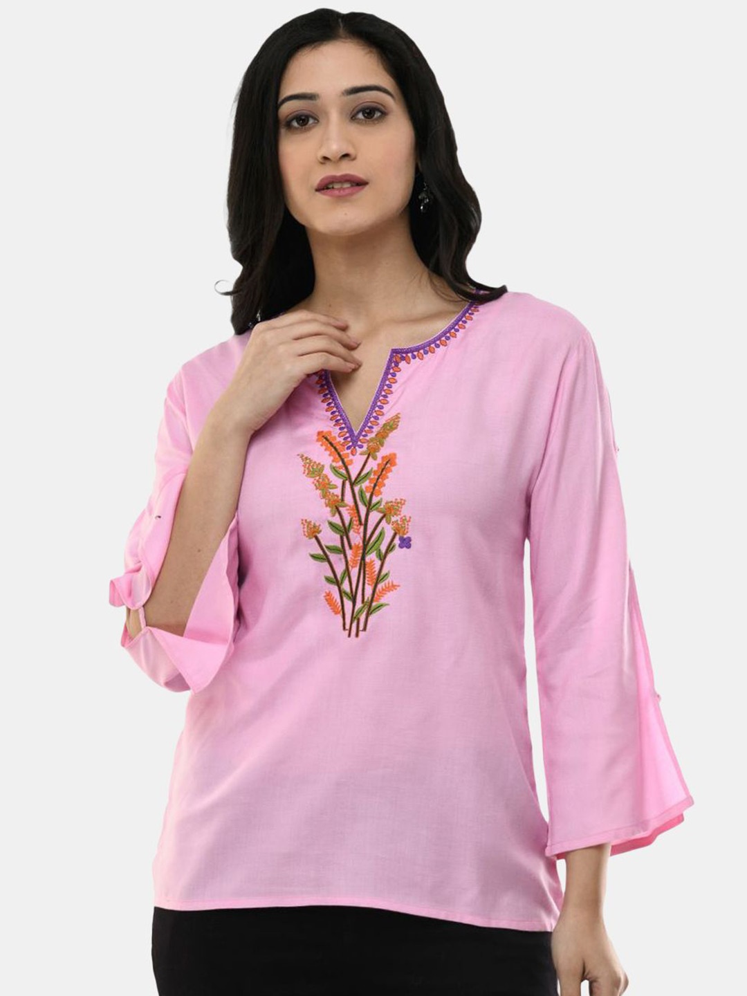 

VAAMII Embroidered Slit Sleeve Top, Pink