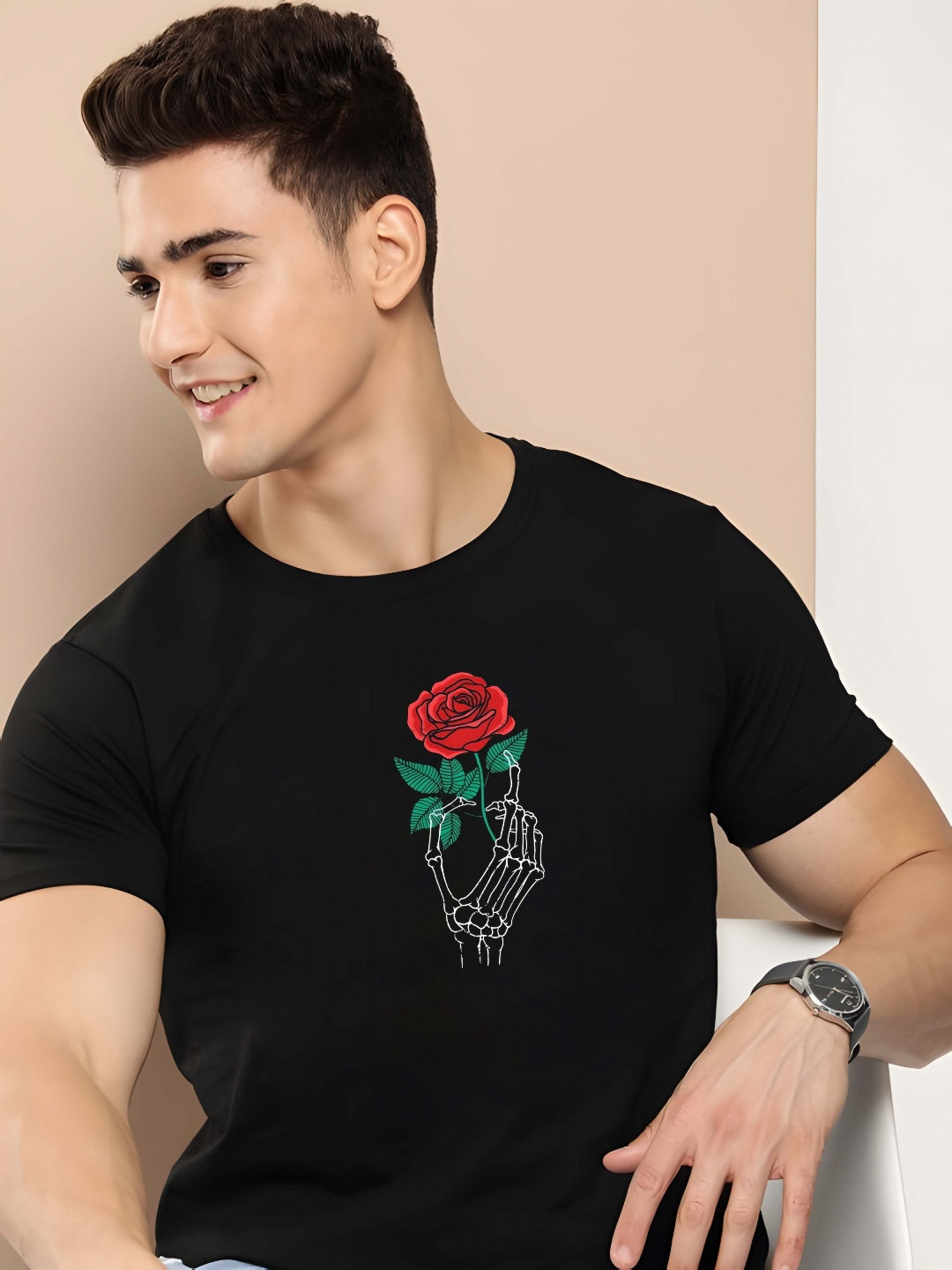 

THE BEETEL HOUSE Men Floral Printed Round Neck Cotton T-shirt, Black