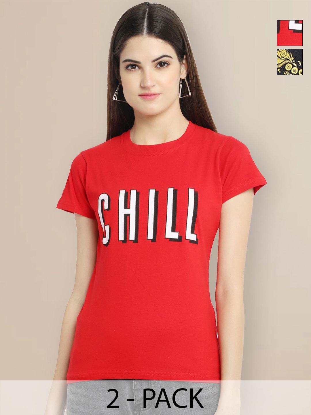 

GLOBAL NOMAD Women Pack of 2 Typography Printed Round Neck Cotton T-shirts, Red