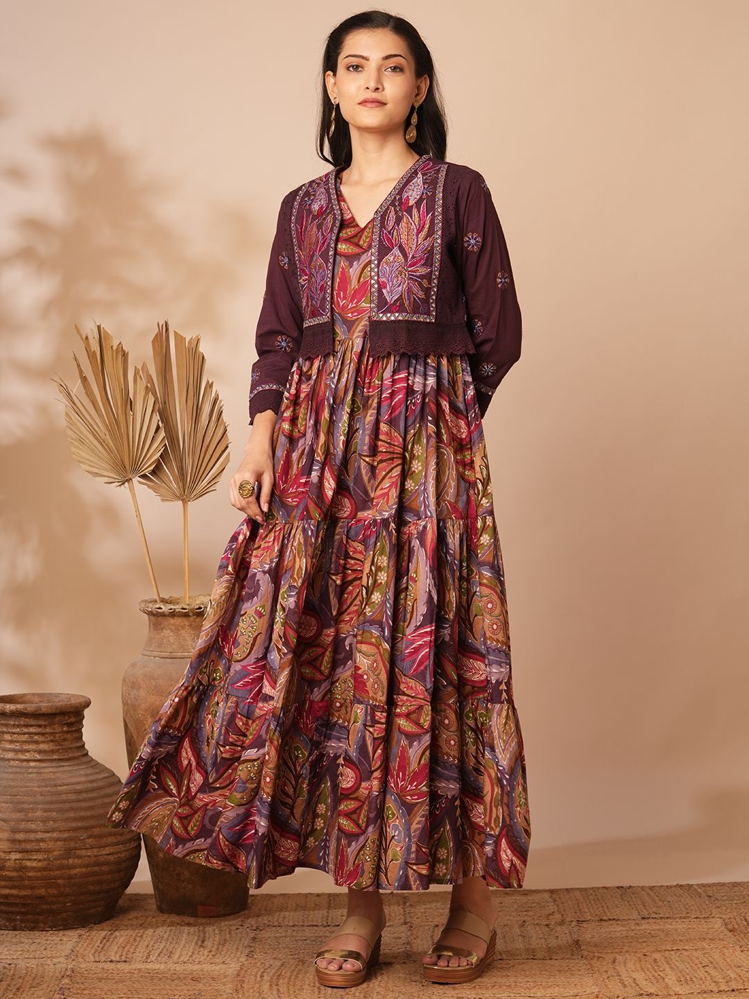 

FASHOR Women Ethnic Motifs Print Maxi Dress, Burgundy
