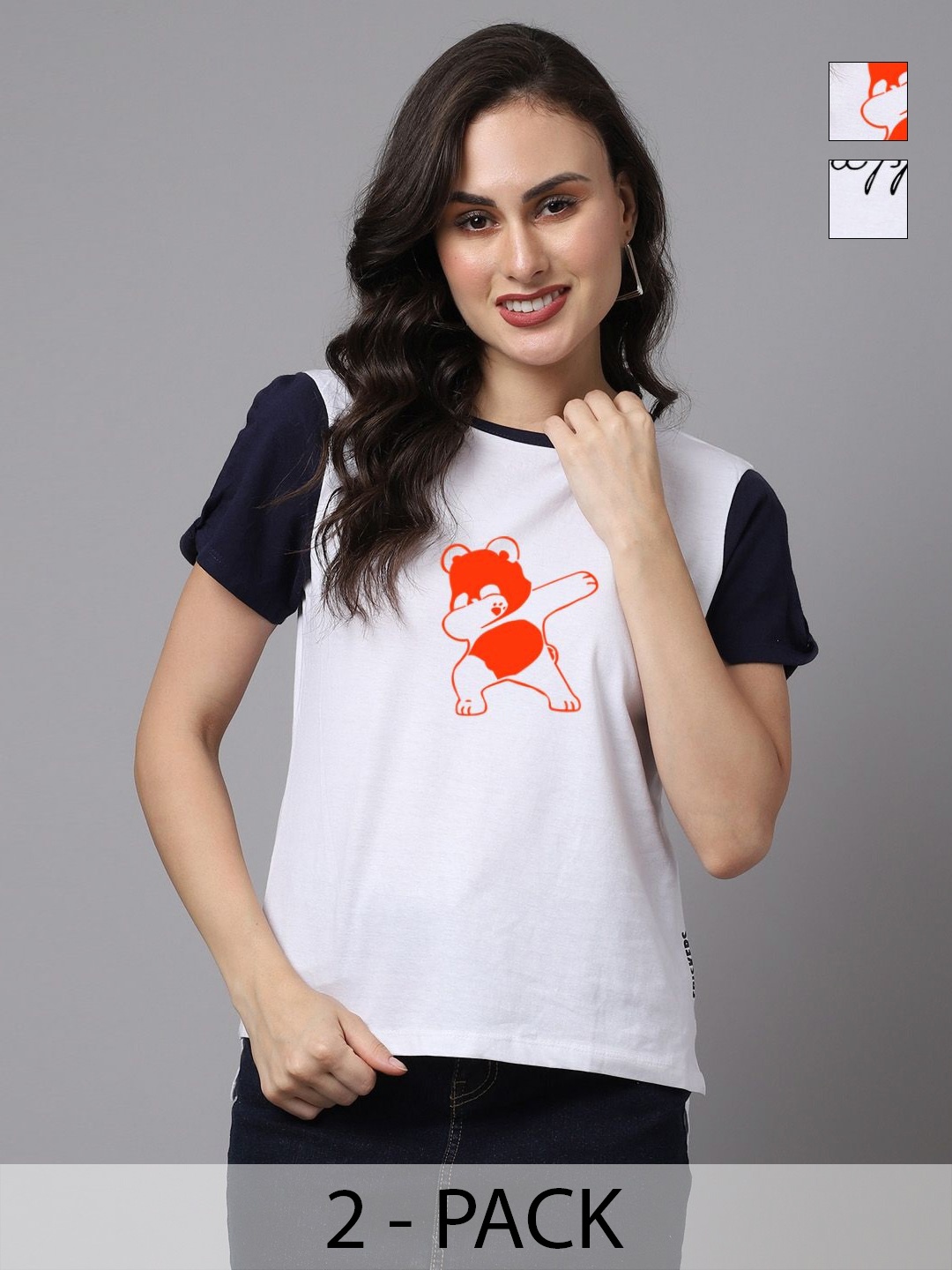 

Friskers Women Pack Of 2 Graphic Printed Round Neck Cotton T-shirts, White