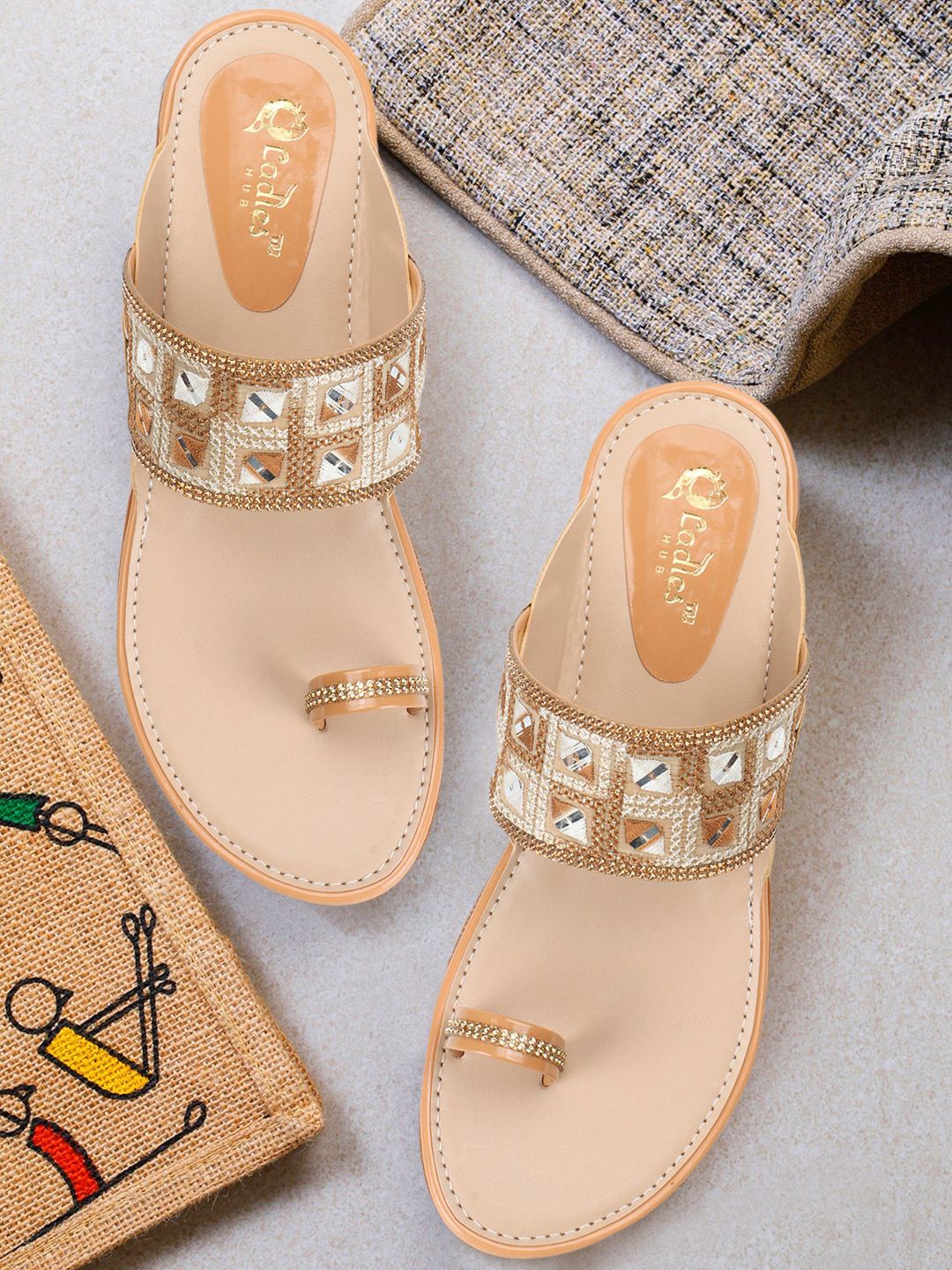 

Ladies Hub Women Ethnic Embellished Open-Toe Slip-On Kolhapuri Flats, Beige