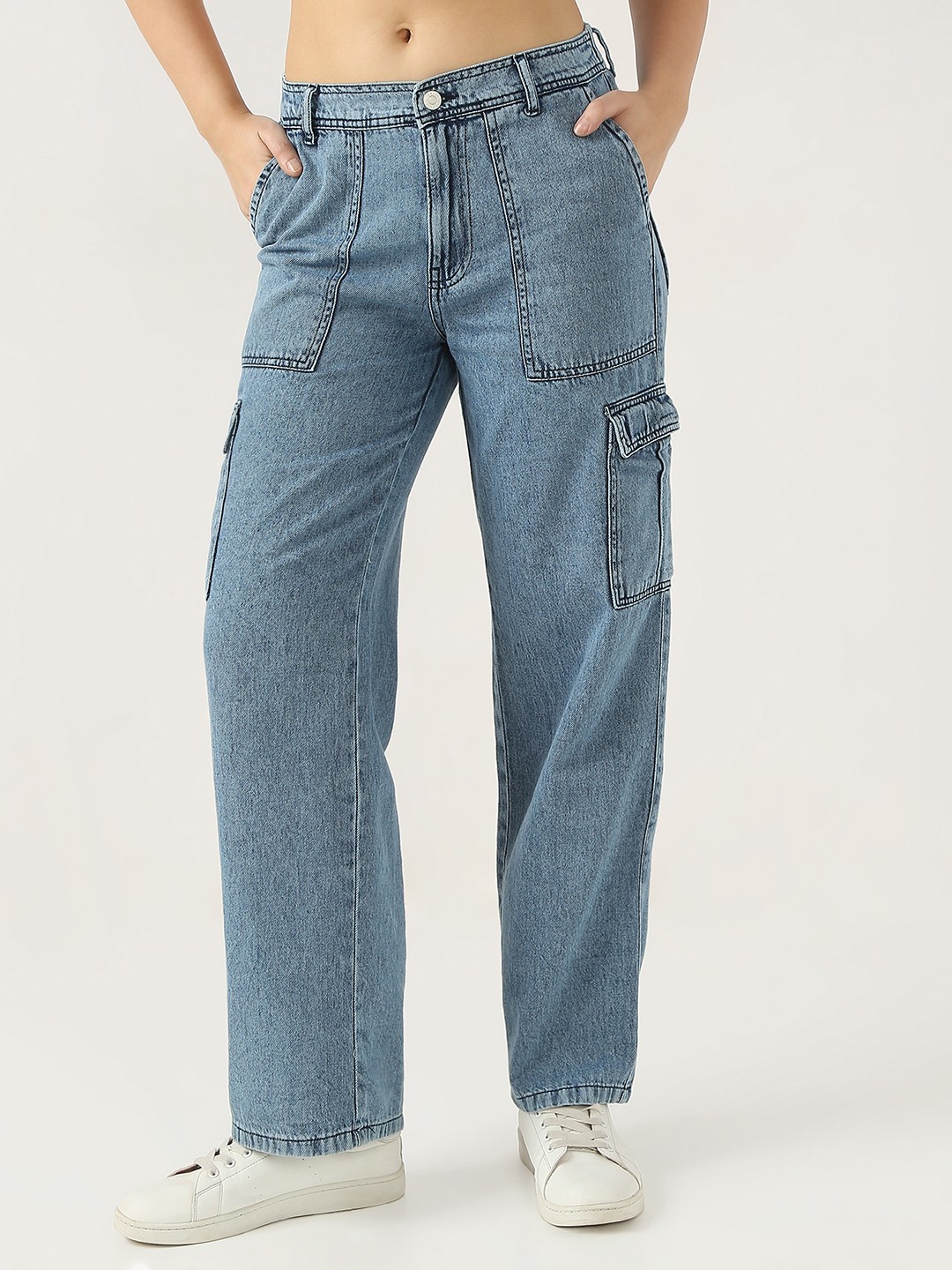 

Kraus Jeans Women Loose Fit High-Rise Cargos Trousers, Blue