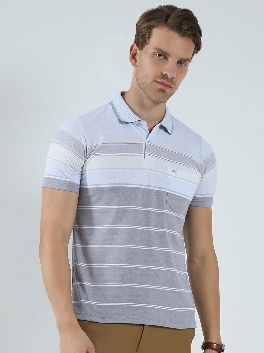 

Monte Carlo Men Striped Polo Collar Cotton T-shirt, Blue