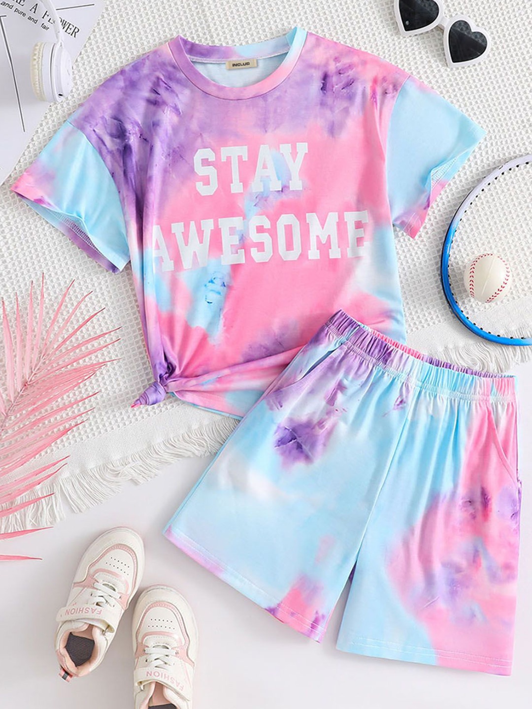 

INCLUD Girls Tie & Dye Printed Round Neck T-shirt With Shorts, Blue