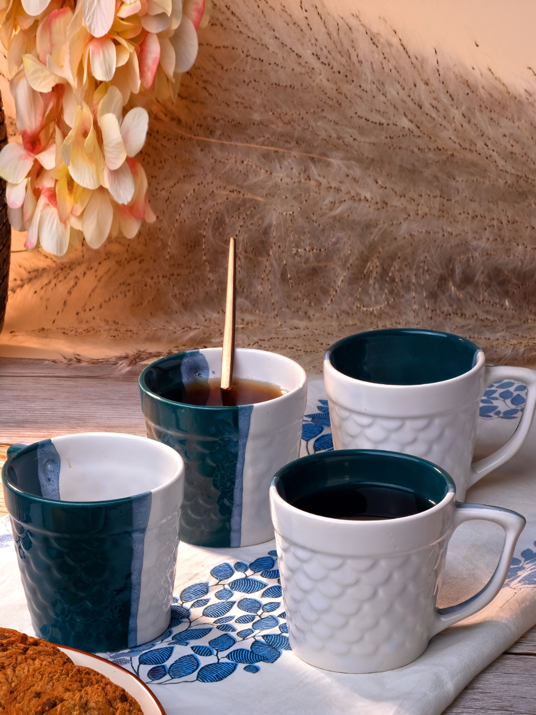 

Storepedia Green & White 4 Pieces Textured Ceramic Matte Tea Cups