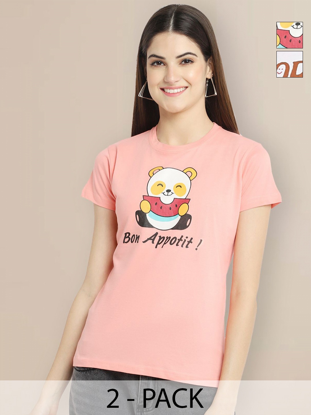 

GLOBAL NOMAD Women Pack of 2 Graphic Printed Round Neck Cotton T-shirts, Peach