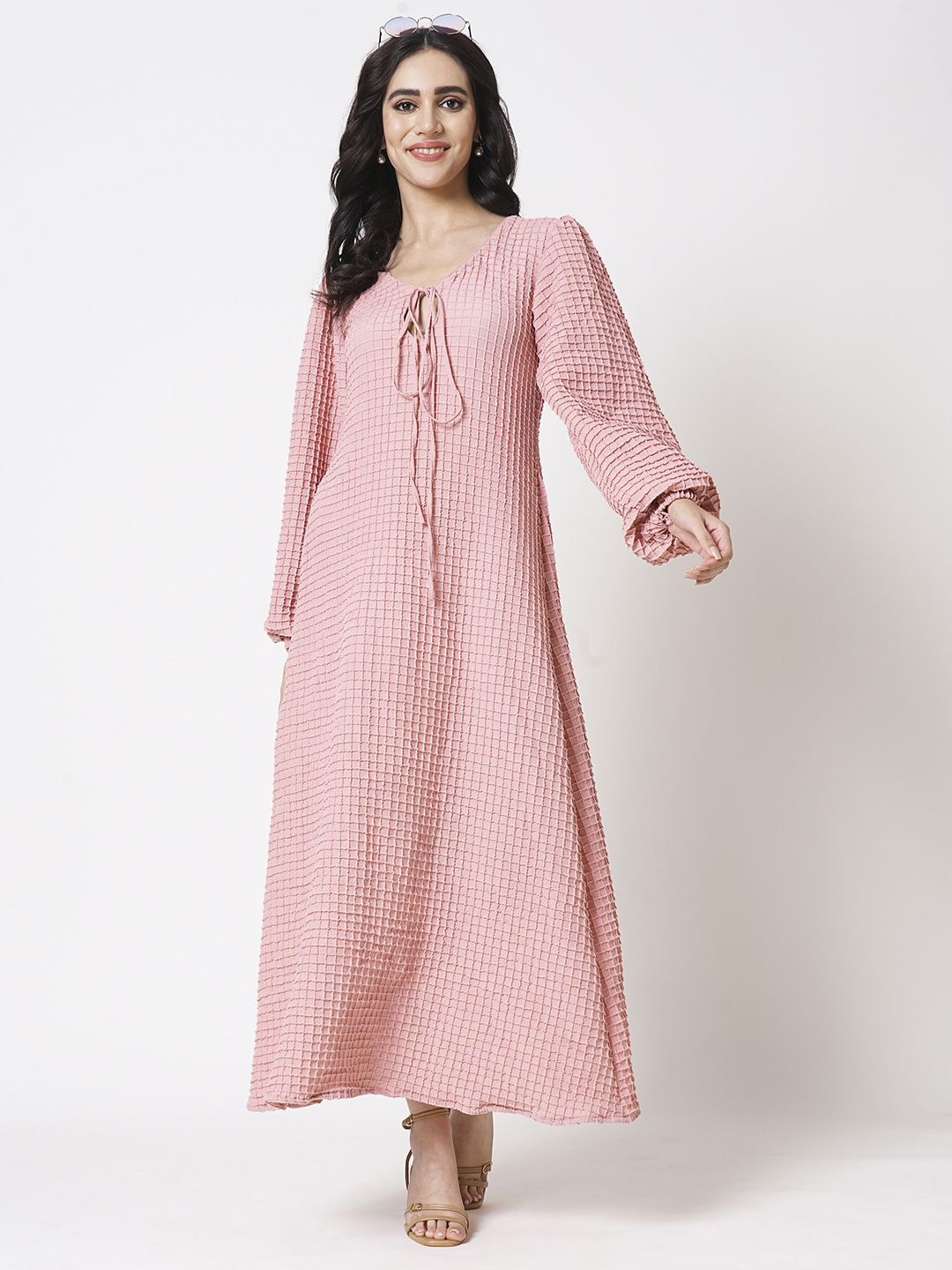 

15 BUTTONS Women Checked Tie-Up Neck Crepe A-Line Dress, Pink