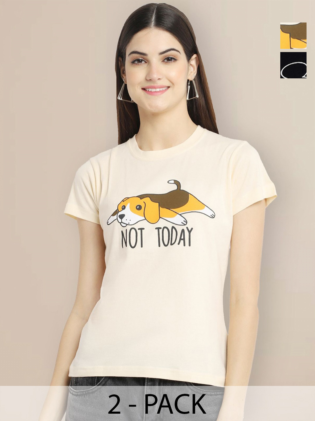 

GLOBAL NOMAD Women Pack of 2 Mickey Mouse Graphic Printed Round Neck Cotton T-shirts, Cream