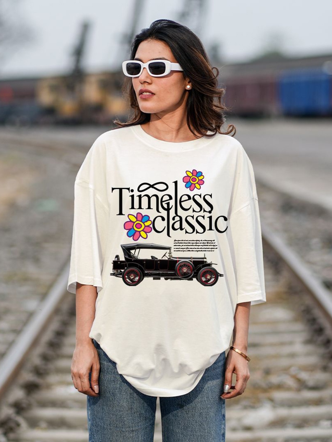 

Bloopers Store Women Typography Printed Round Neck Cotton Oversized T-shirt, Off white