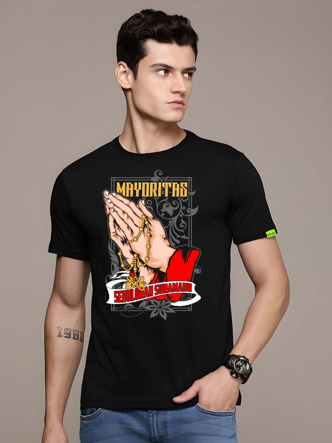 

THE BEETEL HOUSE Men Graphic Printed Round Neck Cotton T-shirt, Black