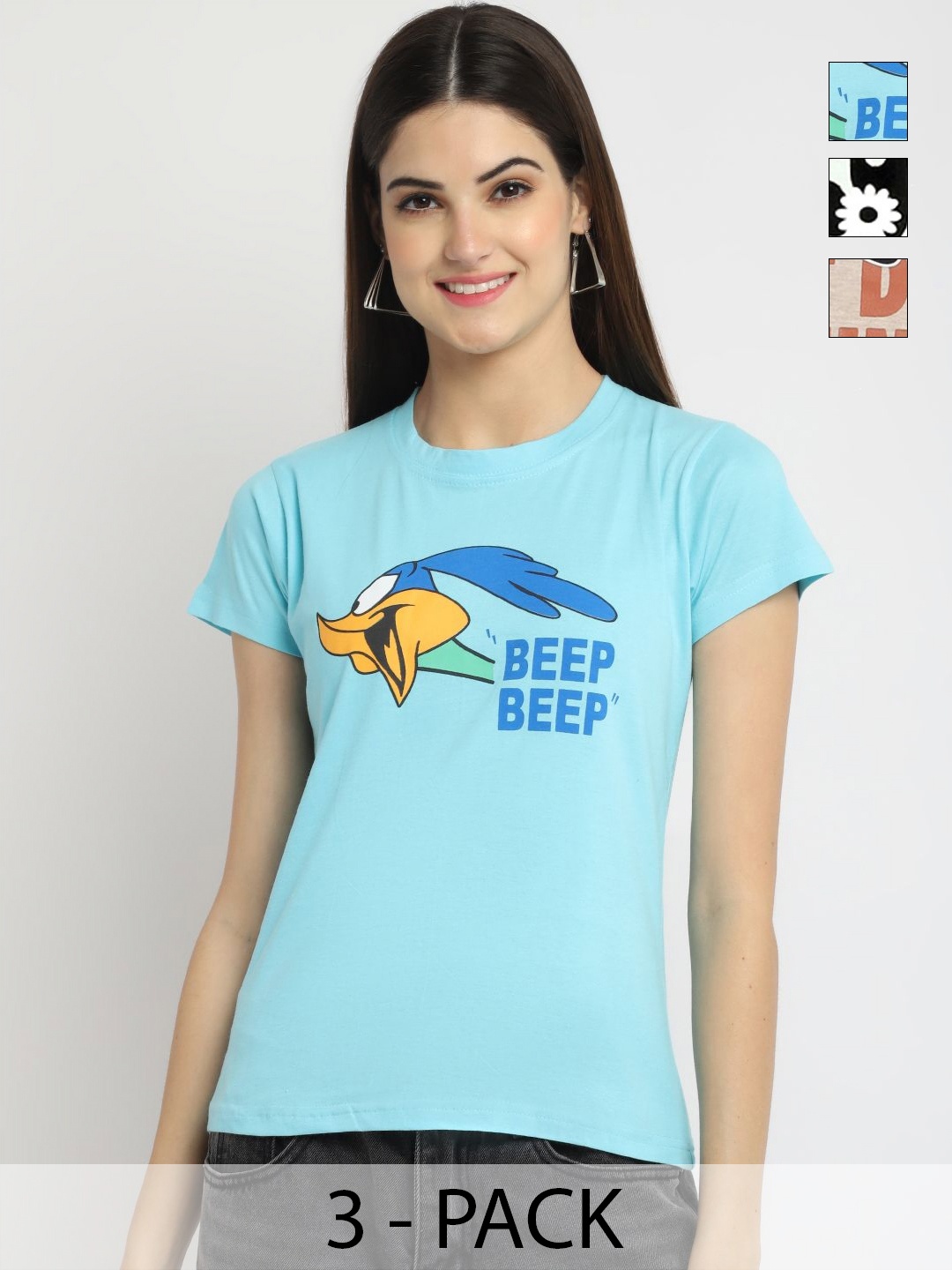 

Dreambe Women Pack of 3 Typography Printed Round Neck Cotton T-shirts, Blue