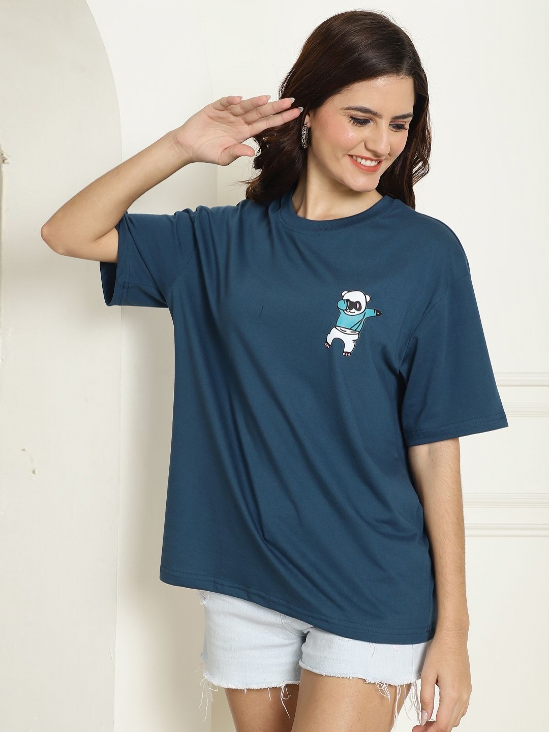 

Metronaut Women Graphic Printed Round Neck Cotton Oversized T-shirt, Teal