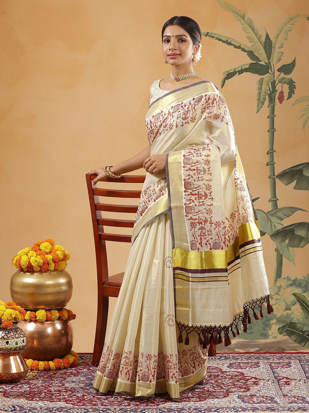 

Kalyan Silks Women Warli Printed Zari Cotton Blend Kasavu Saree, Gold