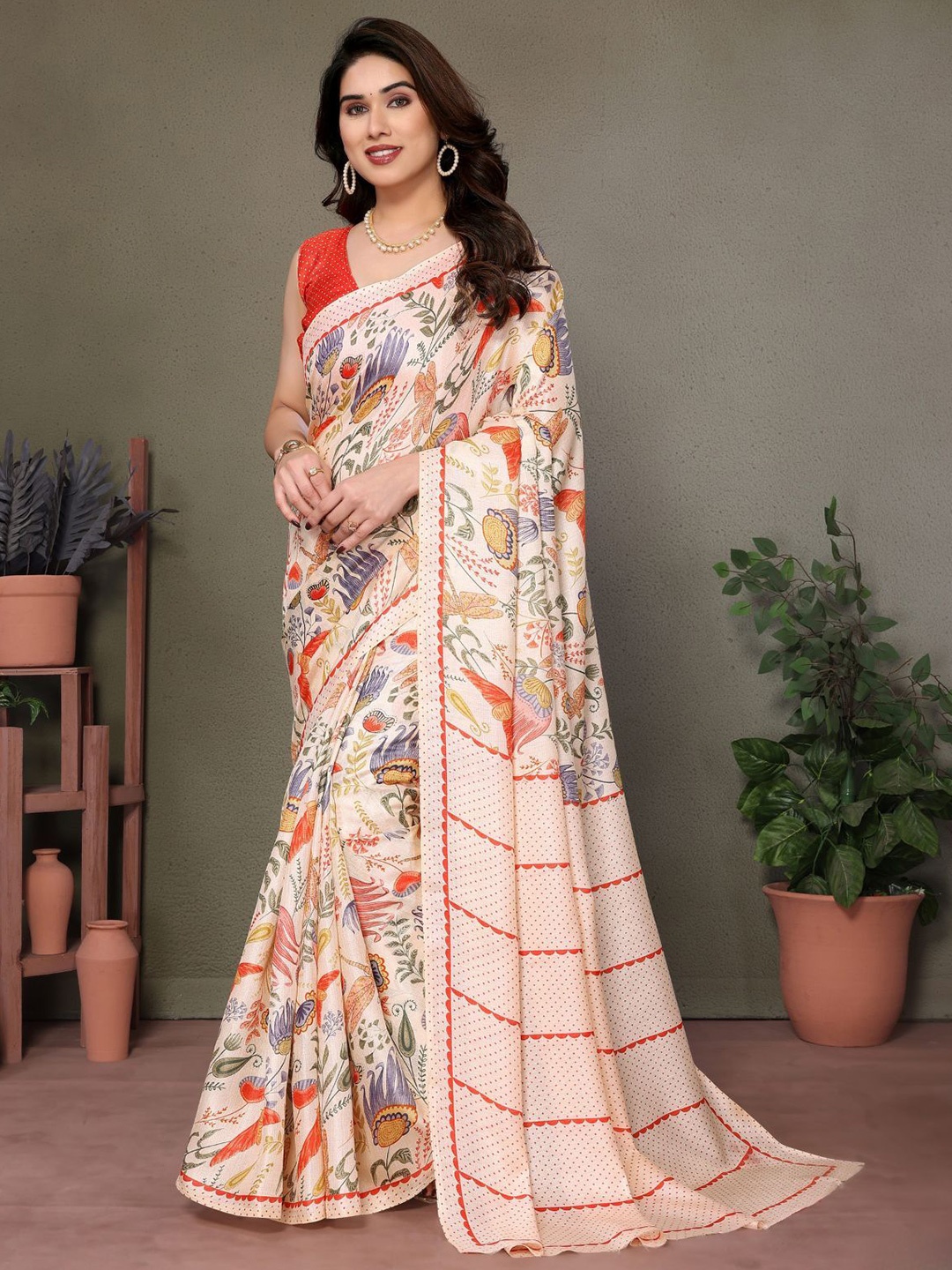 

ODETTE Ethnic Motifs Printed Khadi Saree With Unstitched Blouse Piece, Off white