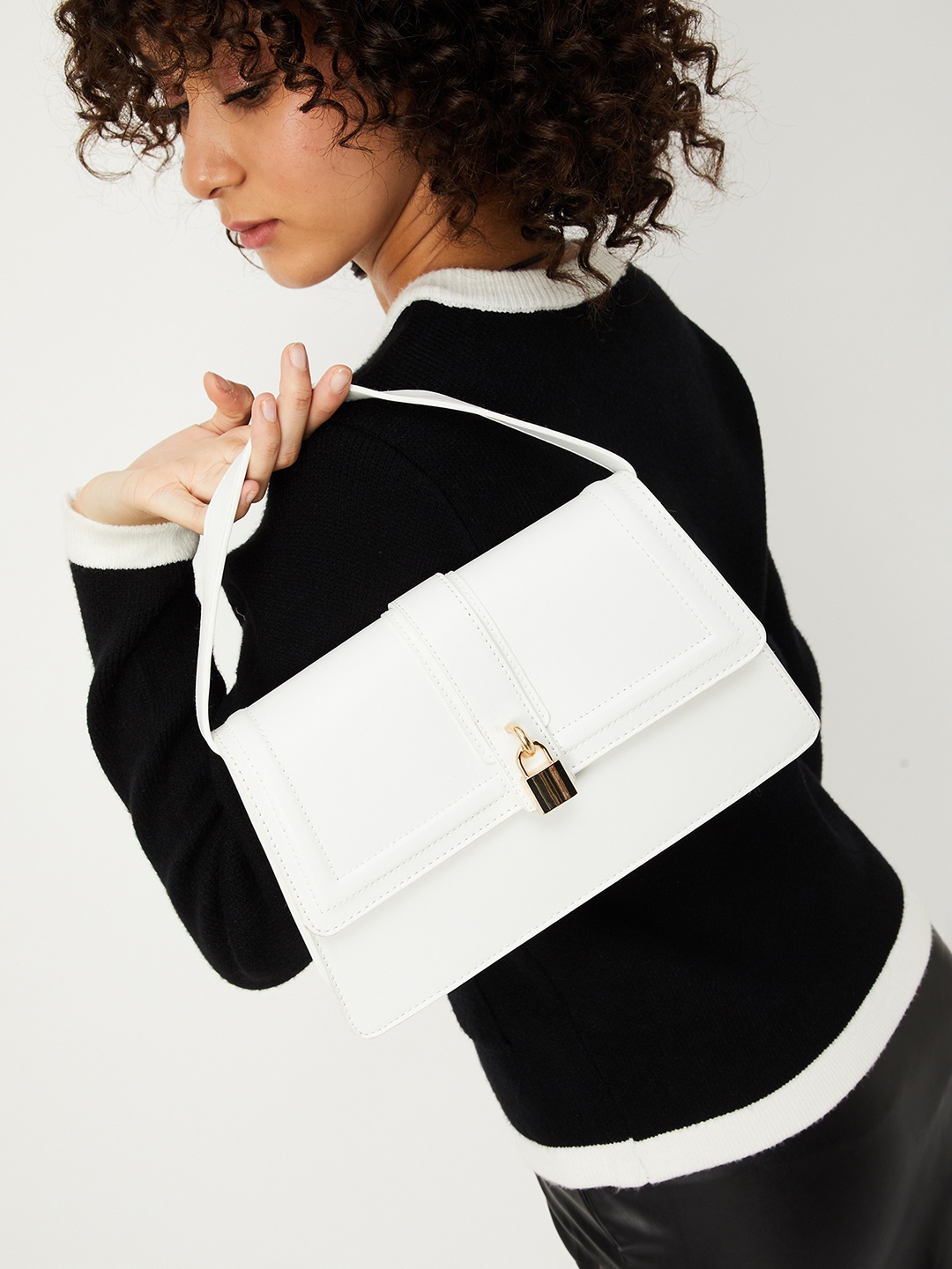 

max Colourblocked PU Structured Hobo Bag, White