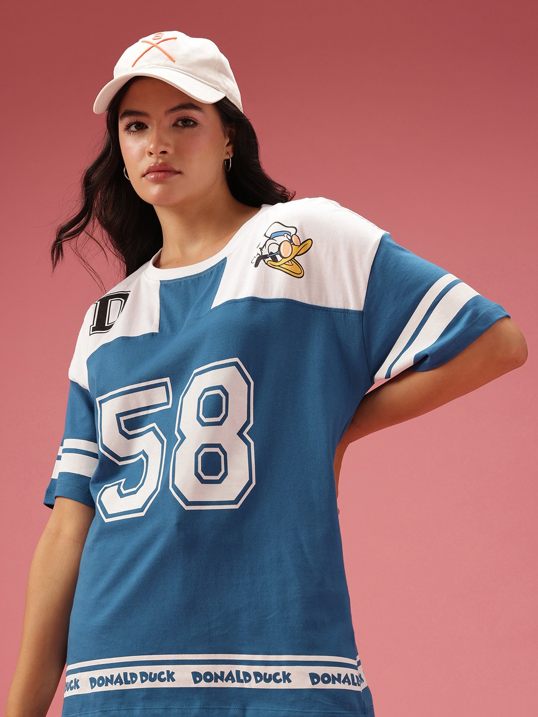 

DressBerry Pure Cotton Donald Duck Varsity Printed Oversized Longline T-shirt, Blue