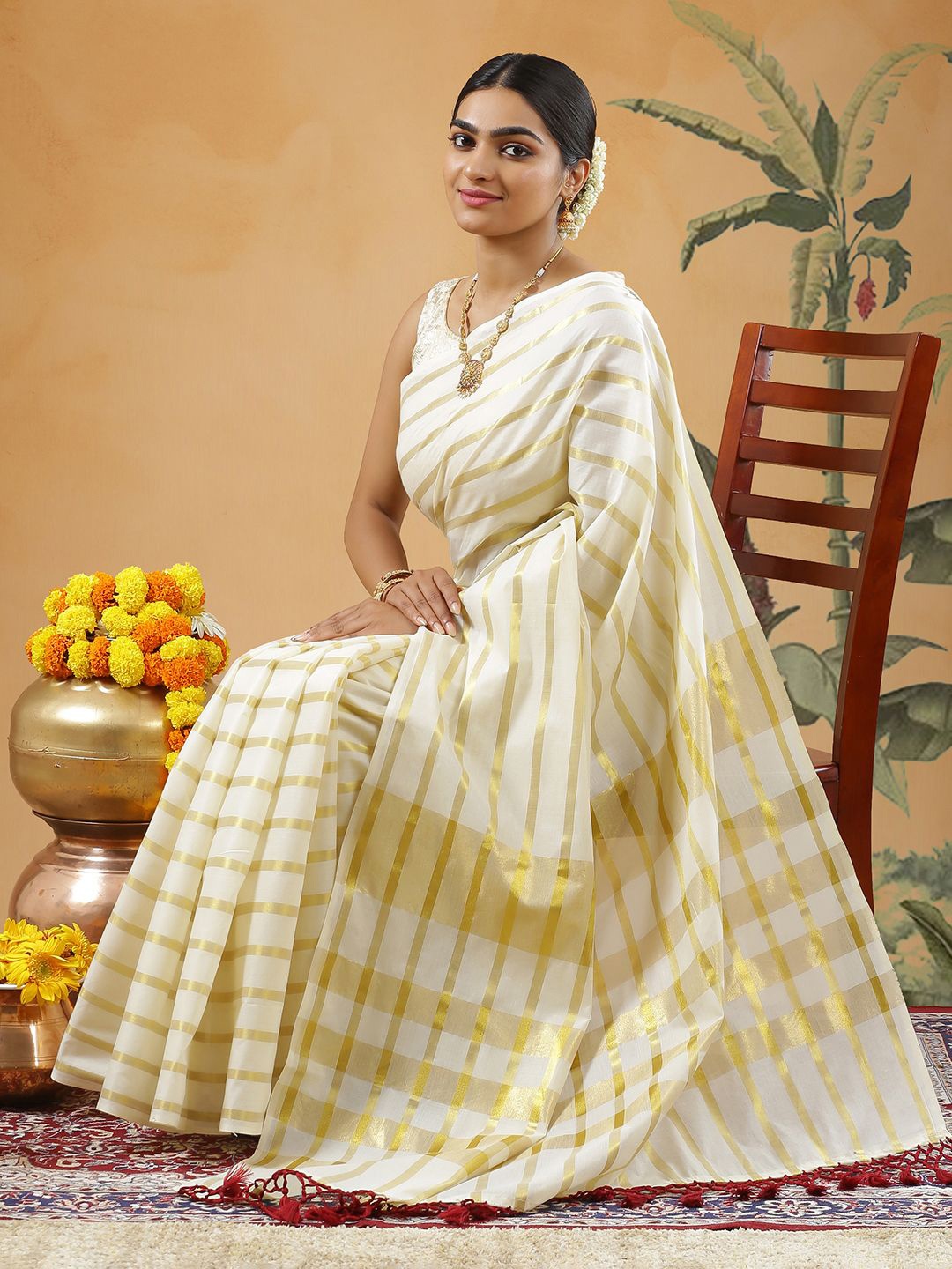 

Kalyan Silks Woven Design Pure Cotton Kasavu Saree, Off white