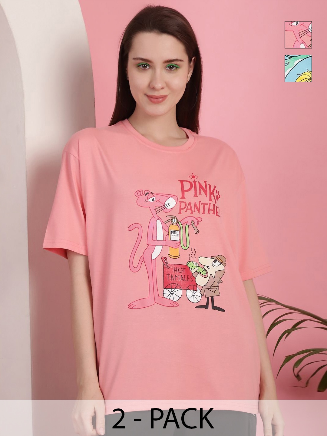 

GLOBAL NOMAD Women Pack Of 2 Graphic Printed Round Neck Cotton Oversized T-shirts, Peach