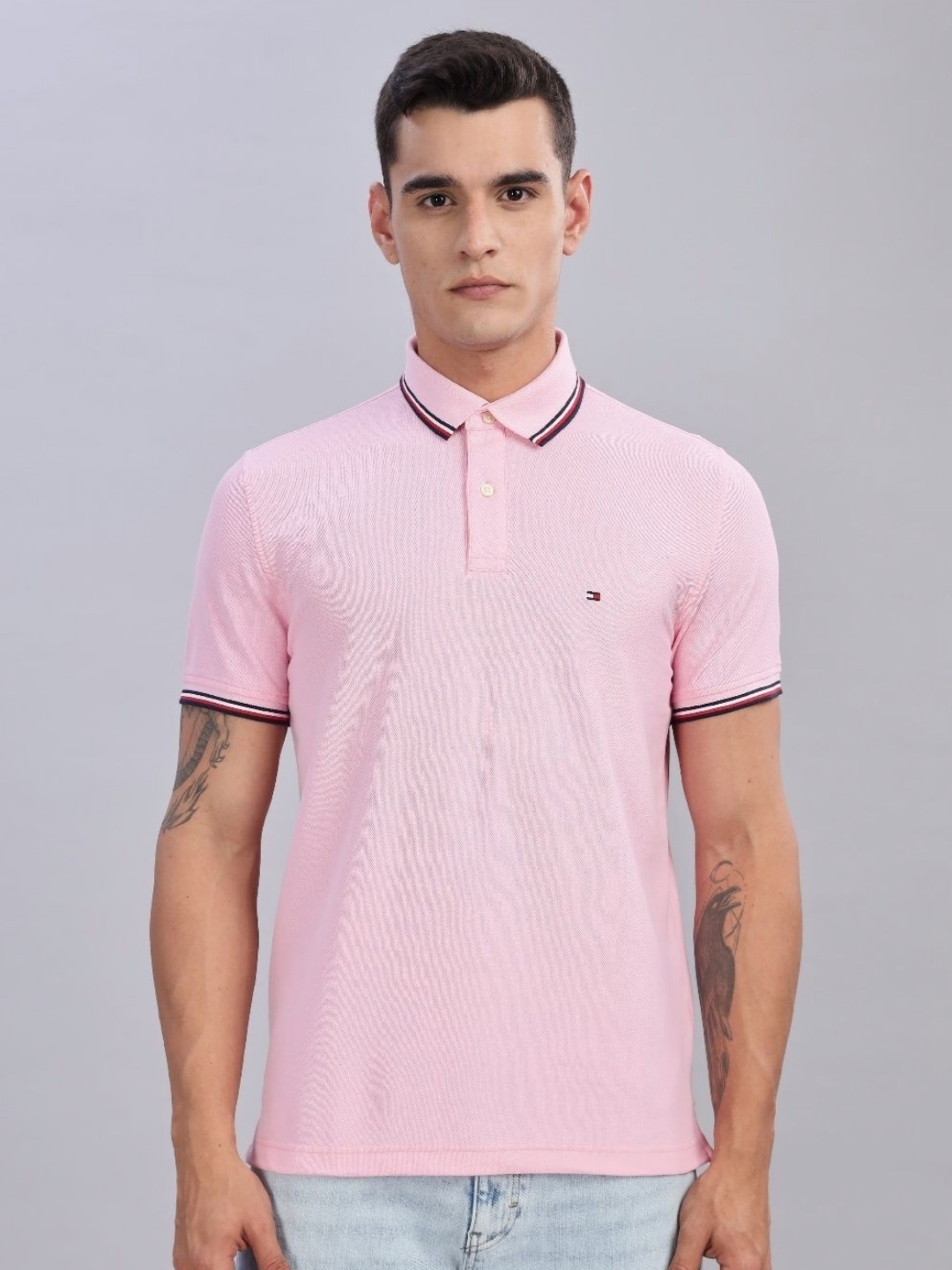 

Tommy Hilfiger Men Solid Polo Collar Cotton T-shirt, Pink