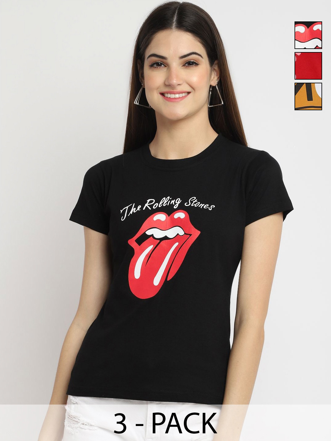 

Dreambe Women Pack of 3 Graphic Printed Round Neck Cotton T-shirts, Black