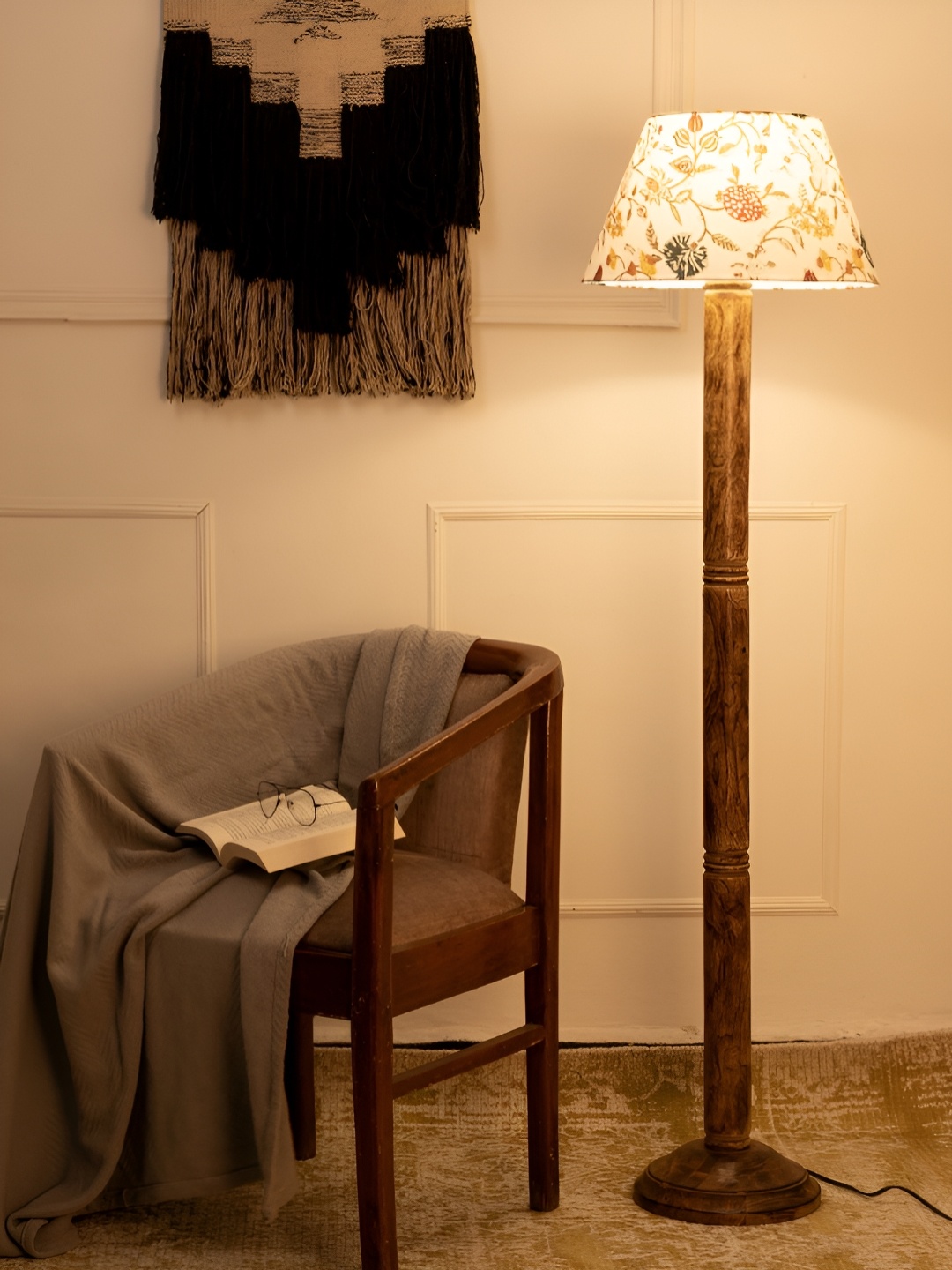 

green girgit Brown & White Floral Printed Frustum Shaped Wooden Taper Floor Lamp