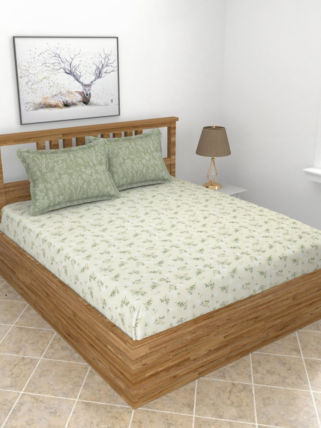 

BREVARD Cream Floral Printed 210 TC Fitted Cotton King Bedsheet Set 2.74 m x 2.74 m