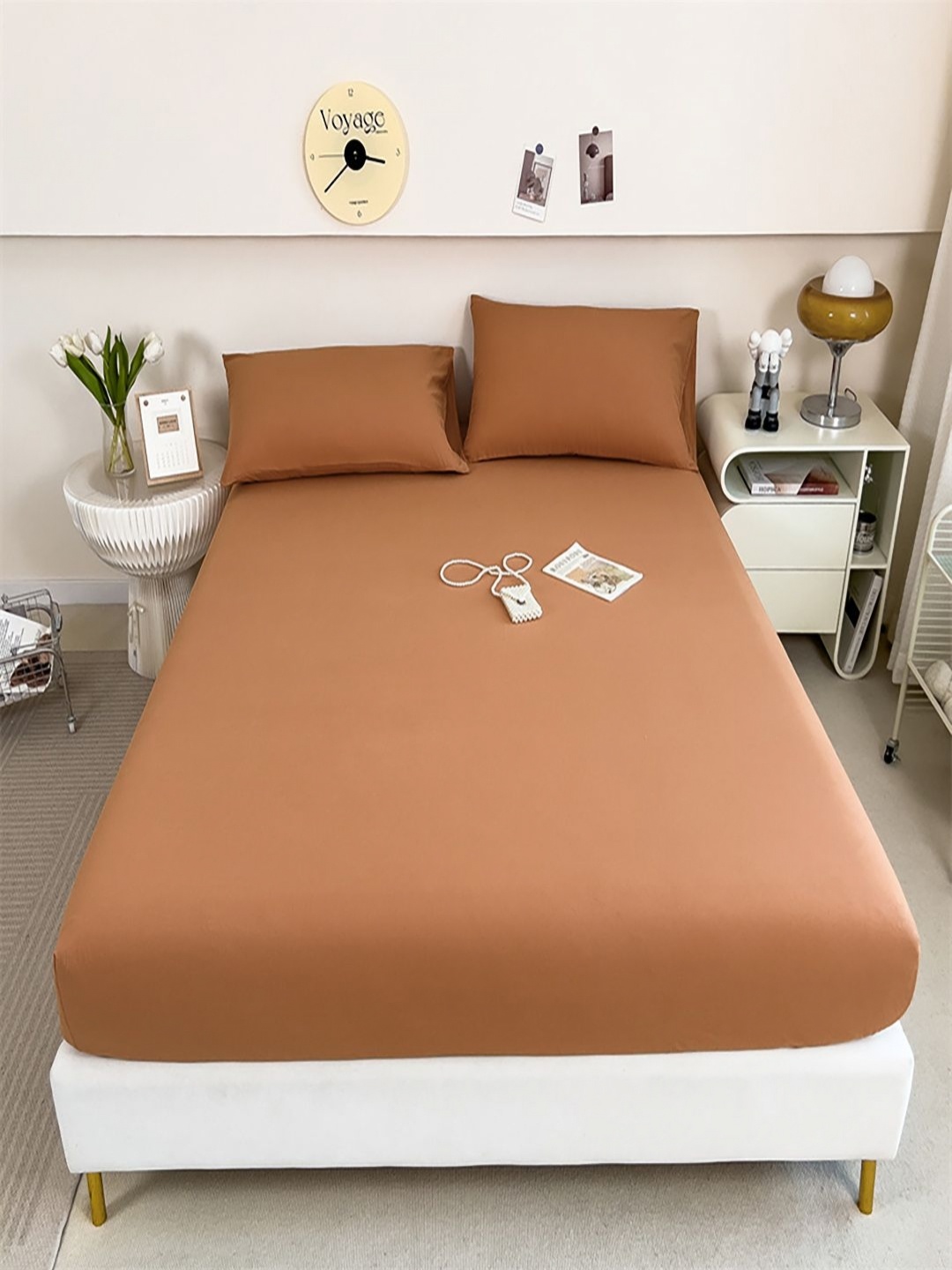

JC HOME Brown Cotton 220 TC Fitted Queen Bedsheet Set 1.5 m x 2.0 m